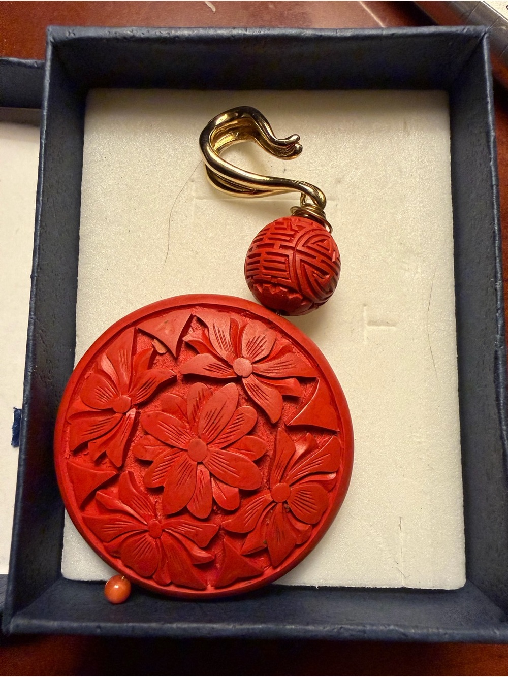 Carved Red Cinnabar Flat Bead Pendant